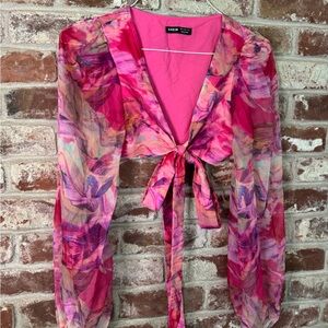 Marbled Going Out Top - Tie-Front, Puffy Sleeve, Mesh, Blouse